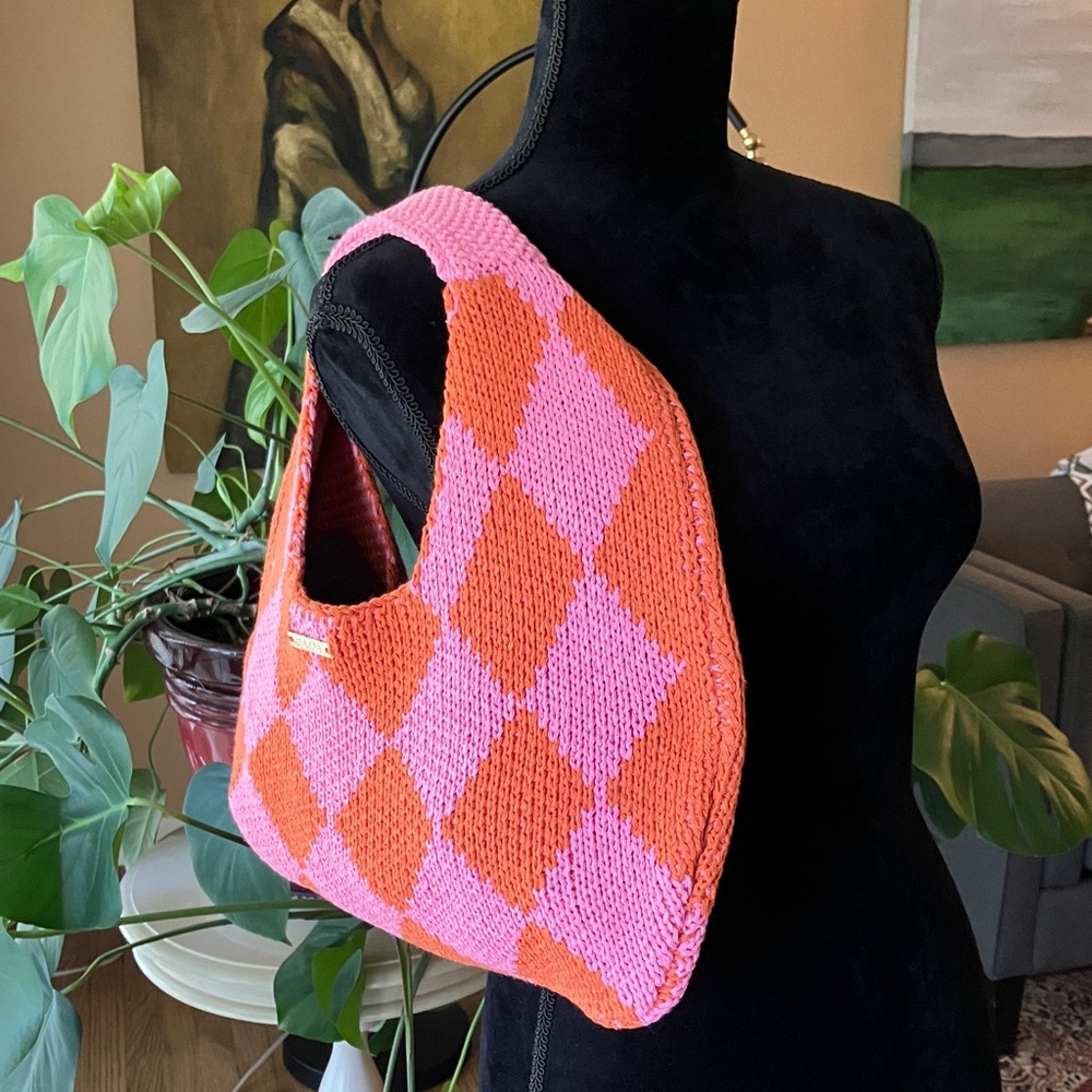 Kopari Knit Argyle Pink Orange Knit Hobo Y2K  Retro Slouchy Bag - Picture 8 of 10